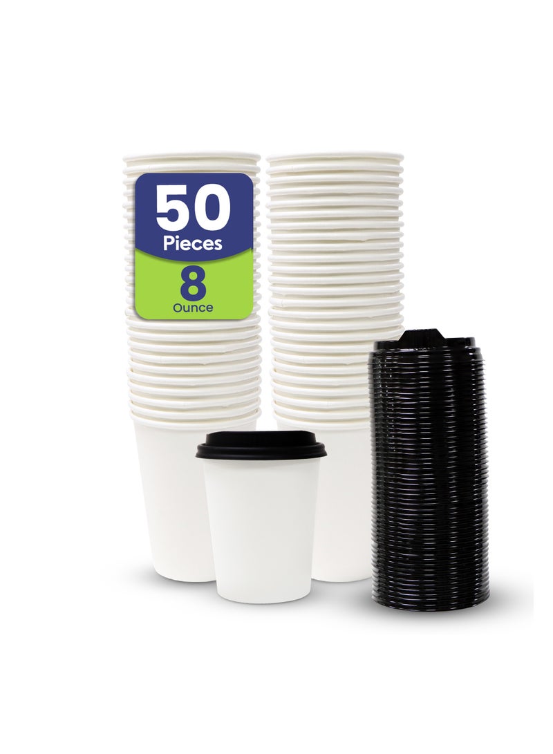 SNH Packing أكواب قهوة ورقية disposable سعة 8 أونص (عبوة من 50) مع غطاء - أكواب ذات جدار واحد للاستخدام disposable للمشروبات الباردة والساخنة - أكواب قهوة disposable مثالية للمقاهي والمكاتب. - Image 1